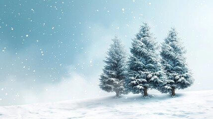 Wall Mural - Snow covered spruce trees in a field surrounded by snowdrifts and snowflakes under a blue sky winter landscape banner