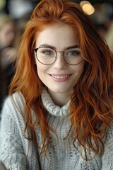 Wall Mural - A woman with red hair and glasses is smiling