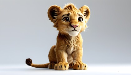 Poster - Curious baby lion cub with soft mane showcased in 3D against a clean white background