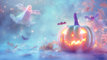 A pastel-colored pumpkin with glowing eyes, surrounded by tiny bats and floating ghosts. The background is a soft and magical night sky with twinkling stars