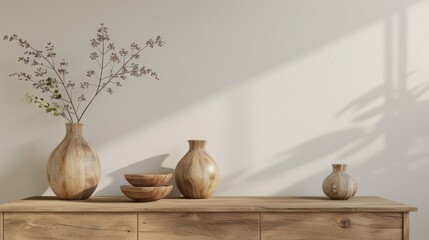 Poster - Wooden Vases and Bowls on a Wooden Tabletop with White Wall Background