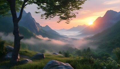 Serene 3D Rendered Mountain Landscape at Sunrise with Misty Lush Valleys and Towering Peaks