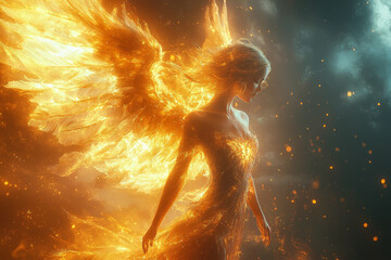 Wall Mural - A celestial angel with radiant wings and a glowing aura, descending from the heavens to bestow blessings. Concept of divine presence and serenity.