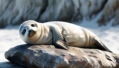 Wall Mural - Adorable 3D baby seal resting on a rock with a charming expression against a clean white backdrop