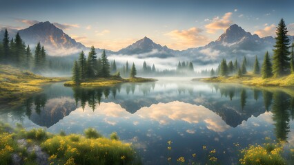 Wall Mural - A serene landscape with a lake surrounded by mountains and trees