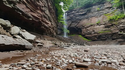 Waterfall Cascading Between Two Cliff Faces