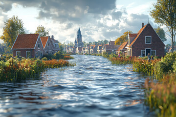 Sticker - A river overflowing its banks and flooding nearby fields, with affected residents looking on. Concept of river flooding and agricultural loss.