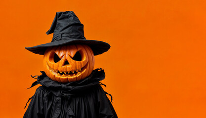 The Haunted Jack-o-lantern wizard: A mysterious spooky carved Halloween Pumpkin-Headed character in witch costume on solid orange background with copy space