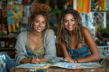 A lesbian couple painting their living room together, discussing home decor ideas and working as a team. Concept of home improvement and teamwork.