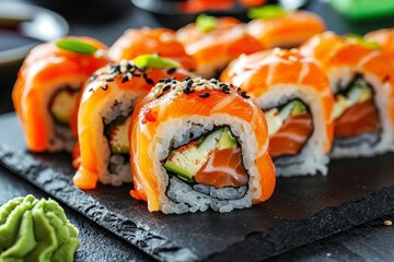 Close-up of Salmon Sushi Rolls with Wasabi and Sesame Seeds on Slate Plate