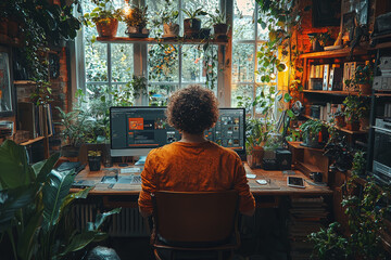 Poster - A genderqueer person organizing their workspace at home, setting up a productive environment for creative projects. Concept of work-life balance and organization.