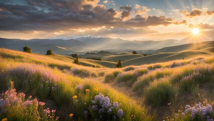 Wall Mural - A beautiful, sunlit field of flowers with a mountain in the background