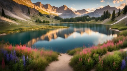 A beautiful lake surrounded by mountains and wildflowers