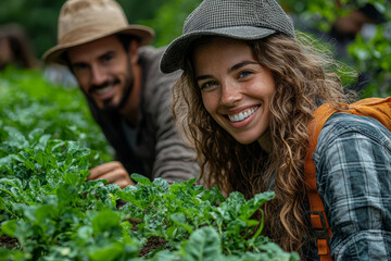 Sticker - A couple planting a garden together, working side by side and smiling. Concept of teamwork and growth.