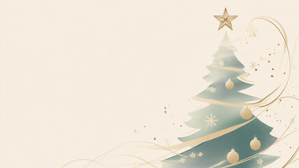 Wall Mural - A minimalist Christmas tree with gold ornaments and ribbons on a beige background.