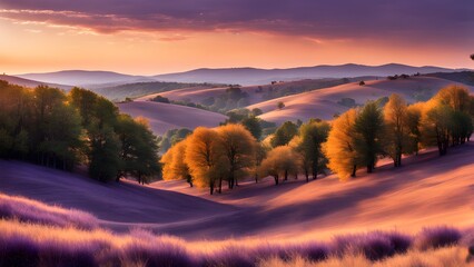 Wall Mural - A beautiful landscape with a purple field and trees in the background