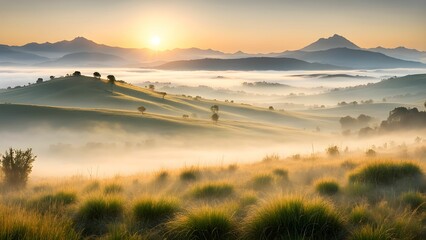 Wall Mural - A foggy morning in the mountains with a sun rising in the background