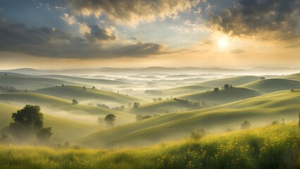 Wall Mural - A foggy, misty day in the countryside with a sun peeking through the clouds