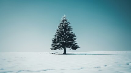 Wall Mural - Snow covered fluffy spruce tree in expansive white field beneath clear blue winter sky