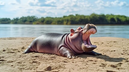 Yawning Baby Hippopotamus on Sandy Riverbank.