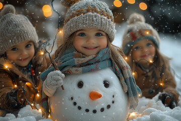 Wall Mural - Children building a snowman in the yard, wearing scarves and hats, while the house behind them is decorated with lights. Concept of winter fun and holiday traditions.