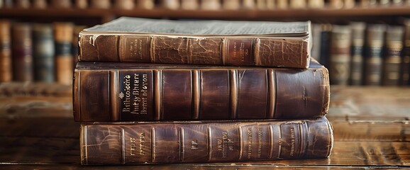 Wall Mural - A stack of vintage leather-bound books on a wooden surface.