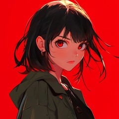 Anime girl with red eyes and black hair looking intense on red background