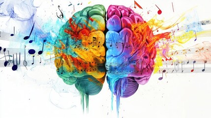 Psychedelic split-brain image with left side showing numbers, right side flowing with music and colorful arts, set on a white background