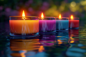 Canvas Print - A set of multicolored candles burning with vibrant flames, casting colorful reflections. Concept of ambiance and color in lighting.