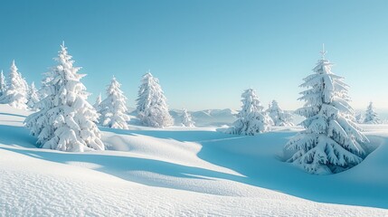 Wall Mural - Fluffy spruce trees blanketed in snow stand in a vast white field under a clear blue sky winter Scandinavian landscape snowdrifts banner