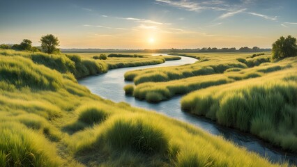 Wall Mural - A river with a sun shining on it