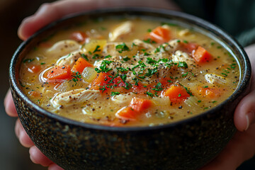 Poster - A pair of hands holding a bowl of chicken soup, ready to provide comfort to someone feeling under the weather. Concept of comforting food during illness.