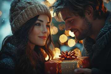 A couple exchanging gifts in front of a glowing Christmas tree, their faces lit with joy and love. Concept of sharing and the joy of giving.