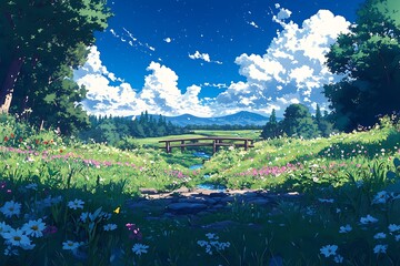 Canvas Print - Anime style landscape with a wooden bridge over a river and a blue sky with white clouds