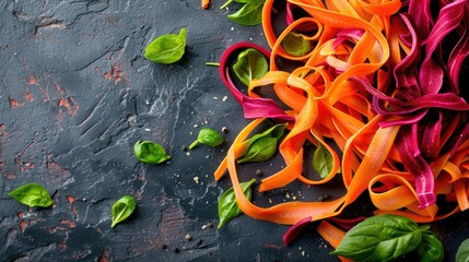 Wall Mural - Colorful vegetarian pasta with beets, carrots, and spinach: flat lay, top view, frame, copy space.