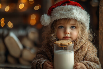 Poster - A child leaving cookies and milk for Santa Claus by the fireplace, filled with anticipation and excitement. Concept of holiday traditions and childhood wonder.