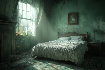 Wall Mural - An old, abandoned hotel room with a bed neatly made, yet disturbed by unseen forces and strange, unexplained phenomena. Concept of haunted hotels and residual energy.