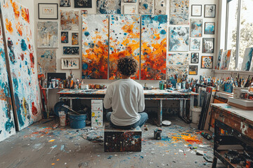 Sticker - A teenager working on a creative art project in a bright, open studio, surrounded by paint splatters and inspiring art supplies. Concept of artistic expression and creativity.