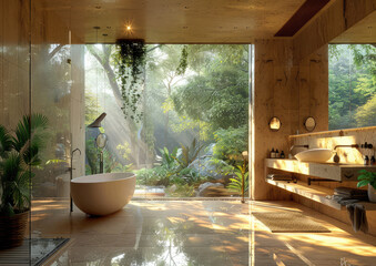 Poster - luxury bathroom with big glass window looking out  to the tropical landscape garden with pond 