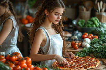 Canvas Print - A teenager making homemade pizza in a modern kitchen, surrounded by fresh ingredients and colorful kitchen gadgets. Concept of cooking and self-sufficiency.