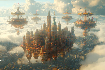 Wall Mural - A surreal carnival of floating islands and whimsical rides suspended in the clouds above a busy metropolitan area. Concept of fantastical amusement blending with urban life.