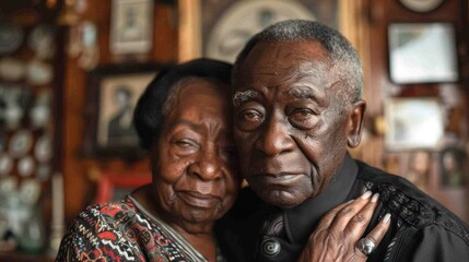 An elderly African American couple embraces each other in a room with authentic interiors, surrounded by family photos and heirlooms.