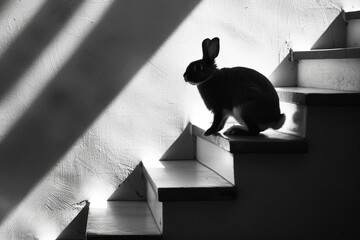 Wall Mural - A black-and-white domestic rabbit gracefully descends the stairs in natural light during the day indoors