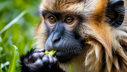 Gelada monkey feasting on lush green grass in a serene close-up view