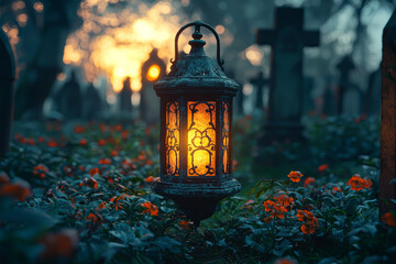 Sticker - A lone, mysterious lantern flickering in an ancient, overgrown graveyard, casting long shadows and revealing spectral figures. Concept of haunted places and eerie illumination.