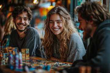 Canvas Print - A group of friends taking part in a lively board game night, with a variety of games spread out on a table and enthusiastic laughter filling the room.