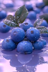 Wall Mural - Fresh Blueberries with Dew Drops on Purple Background