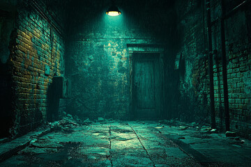 Wall Mural - a flickering streetlamp on a deserted alleyway, casting long shadows that seem to move on their own.