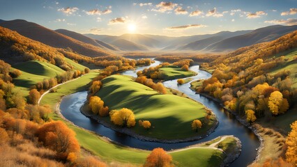 Wall Mural - A beautiful landscape with a river running through it