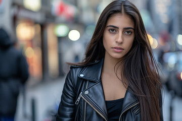 Wall Mural - A woman with long hair is wearing a black leather jacket